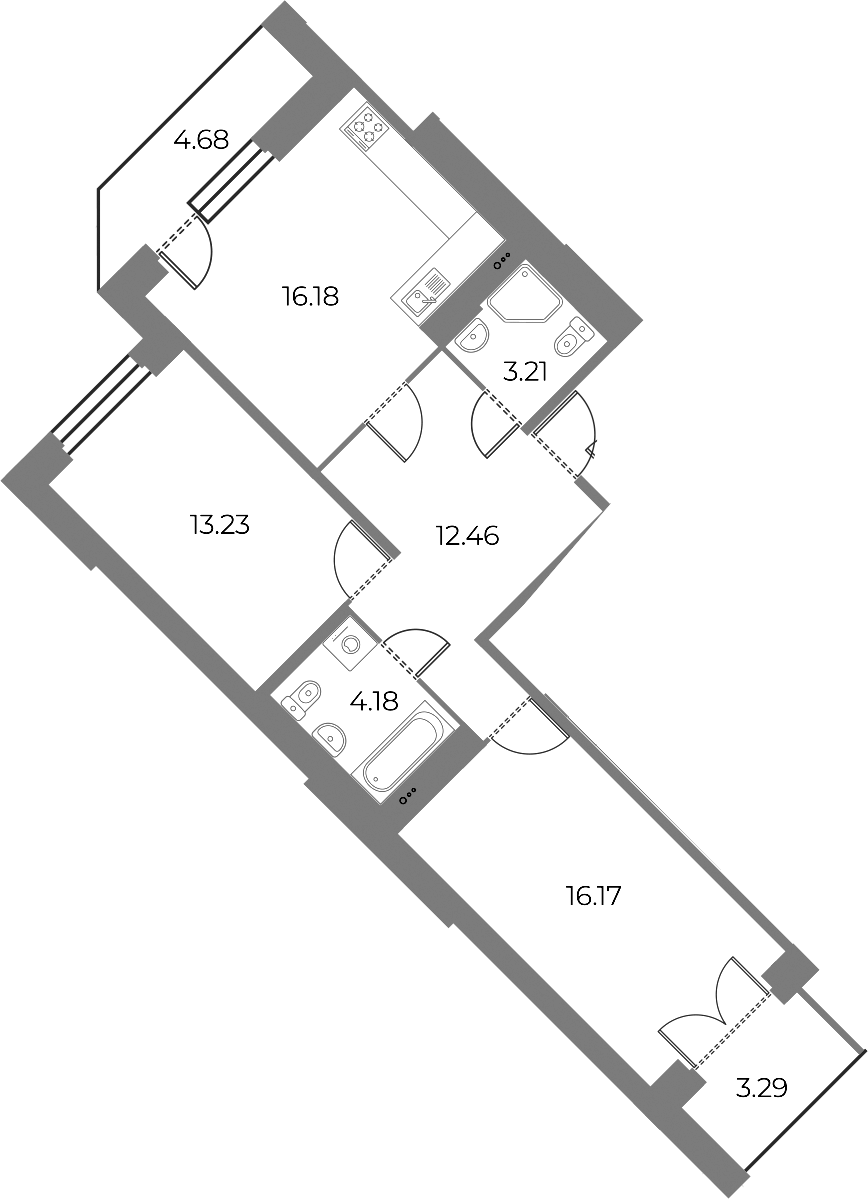2-комнатная квартира 69.42 м², 13/13 эт., ЖК «Огни Залива»